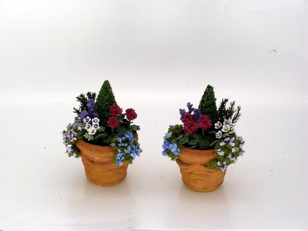 Pair of Red Geraniums, Conifer and Rockery in Terracotta Tubs